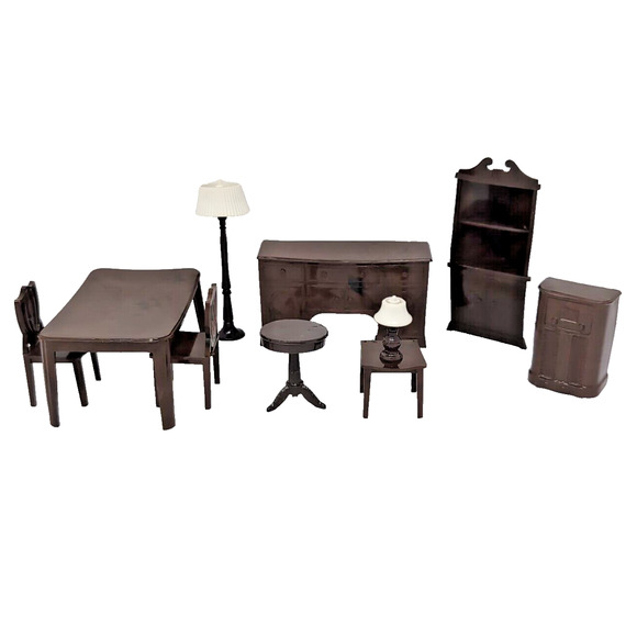Unbranded Other - Dollhouse Furniture TOY QUALITY 10 Pcs. Brown Plastic Hutch Tables Chairs Lamps